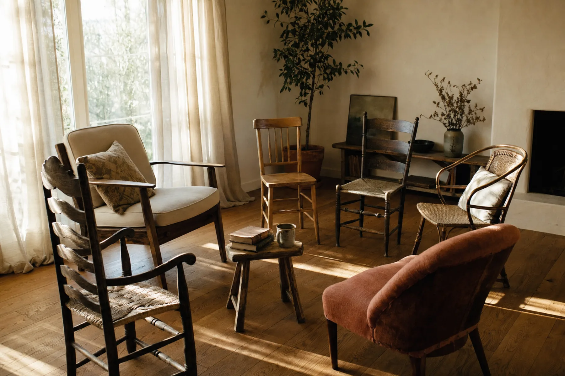 A sunlit living room with mismatched wooden chairs arranged in a loose circle, waiting for people to arrive.