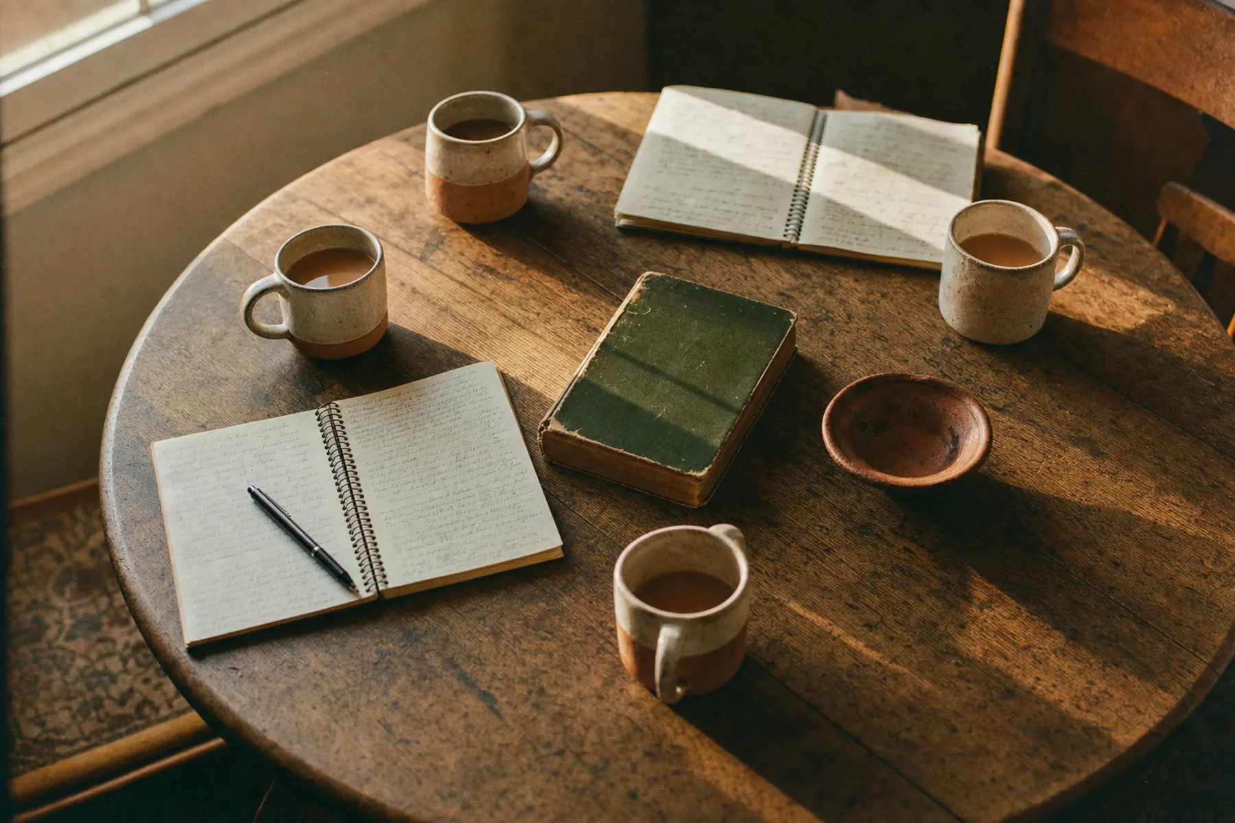 A worn round wooden table in afternoon light with four mugs of tea and two open notebooks.