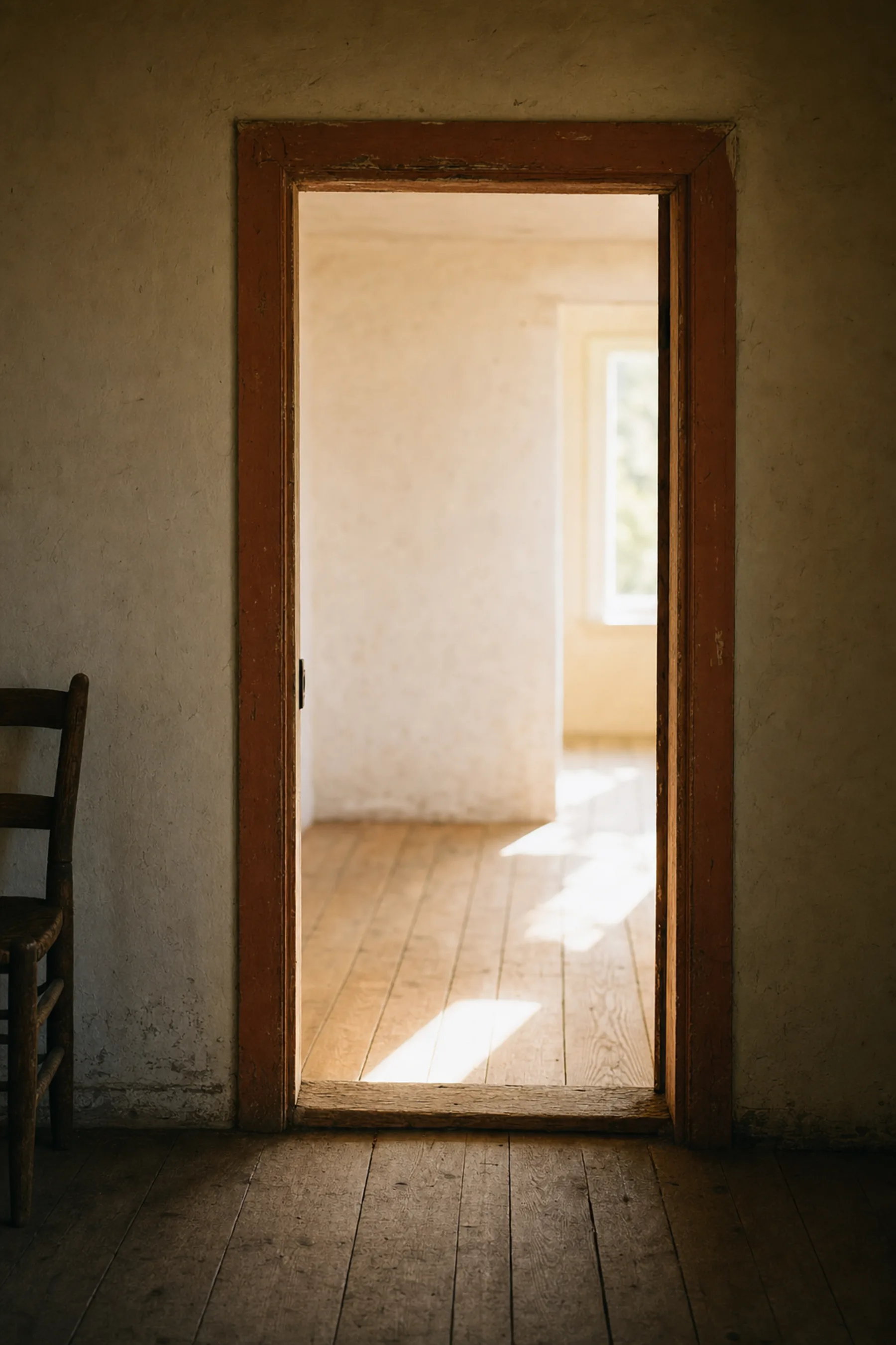 An open doorway in an old plaster wall with afternoon light spilling across the floor beyond it.